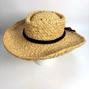 Helen Kaminski Womens Natural Raffia Handmade Wide Brim Sun Hat Black Ribbon